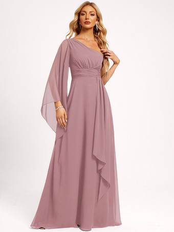 ピンクブライズメイドドレス シフォン ボールガウン フロアレングス ウェディング パーティードレス