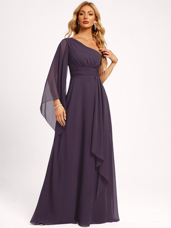 プラムブライズメイドドレス シフォン ボールガウン フロアレングス ウェディング パーティードレス