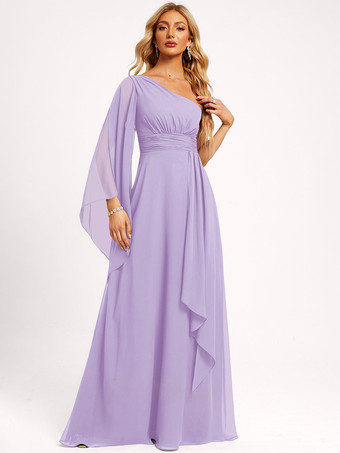 ラベンダーブライズメイドドレス シフォン ボールガウン フロアレングス ウェディング パーティードレス