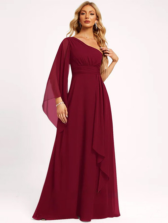 エンバーレッドブライズメイドドレス シフォン ボールガウン フロアレングス ウェディング パーティードレス