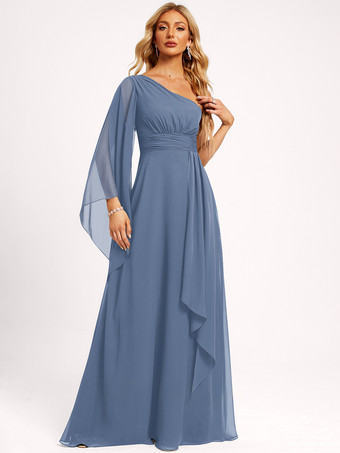 スチールブルーブライズメイドドレス シフォン ボールガウン フロアレングス ウェディング パーティードレス