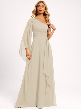 シャンパンブライズメイドドレス シフォン ボールガウン フロアレングス ウェディング パーティードレス