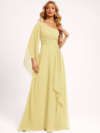 イエローブライズメイドドレス シフォン ボールガウン フロアレングス ウェディング パーティードレス