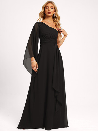 ブラックブライズメイドドレス シフォン ボールガウン フロアレングス ウェディング パーティードレス