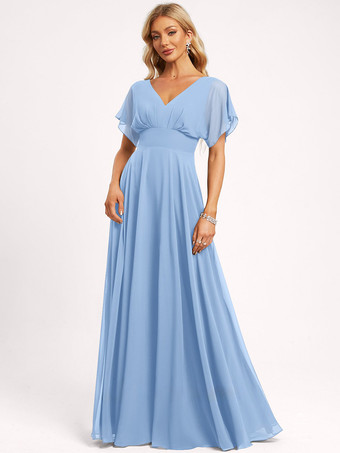 スカイブルー ブライズメイドドレス ボールガウン フロアレングス ジッパー シフォン ウェディング パーティードレス