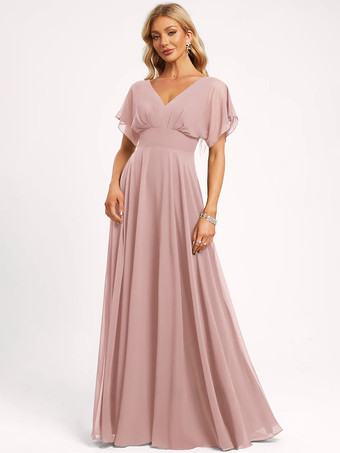 ピンクブライズメイドドレス ボールガウン フロアレングス ジッパー シフォン ウェディング パーティードレス