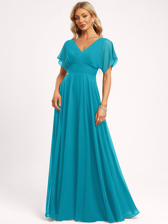 ターコイズグリーンブライズメイドドレス ボールガウン フロアレングス ジッパー シフォン ウェディング パーティードレス