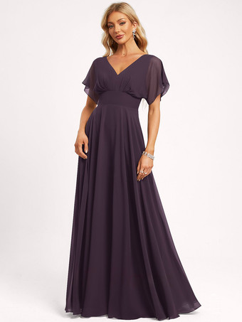 プラムブライズメイドドレス ボールガウン フロアレングス ジッパー シフォン ウェディング パーティードレス