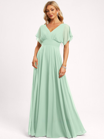 ミントグリーンブライズメイドドレス ボールガウン フロアレングス ジッパー シフォン ウェディング パーティードレス