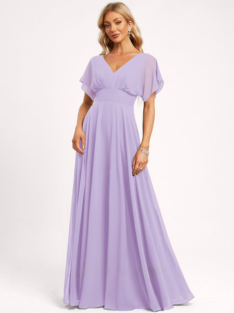 ラベンダーブライズメイドドレス ボールガウン フロアレングス ジッパー シフォン ウェディング パーティードレス