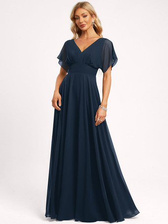 ダークネイビーブライズメイドドレス ボールガウン フロアレングス ジッパー シフォン ウェディング パーティードレス