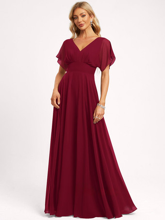 エンバーレッドブライズメイドドレス ボールガウン フロアレングス ジッパー シフォン ウェディング パーティードレス