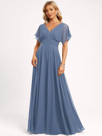 スチールブルーブライズメイドドレス ボールガウン フロアレングス ジッパー シフォン ウェディング パーティードレス