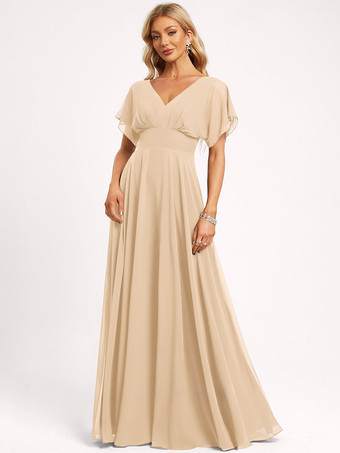 シャンパンブライズメイドドレス ボールガウン フロアレングス ジッパー シフォン ウェディング パーティードレス