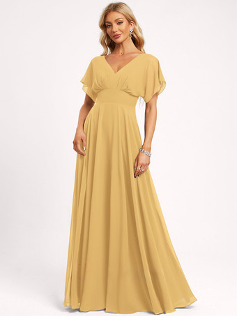 イエローブライズメイドドレス ボールガウン フロアレングス ジッパー シフォン ウェディング パーティードレス