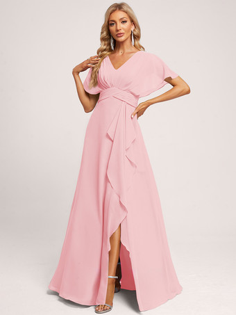 ソフトピンクブライズメイドドレス ボールガウン フロアレングス ジッパー シフォン ウェディング パーティードレス