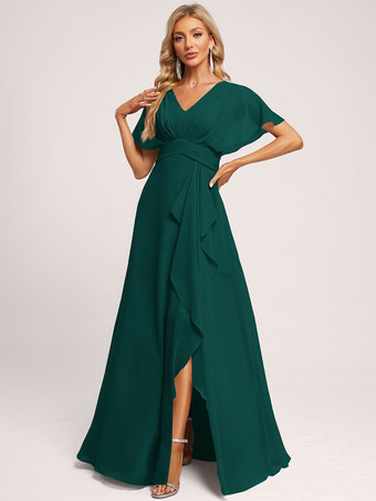 エメラルド ブライズメイドドレス ボールガウン フロアレングス ジッパー シフォン ウェディング パーティードレス