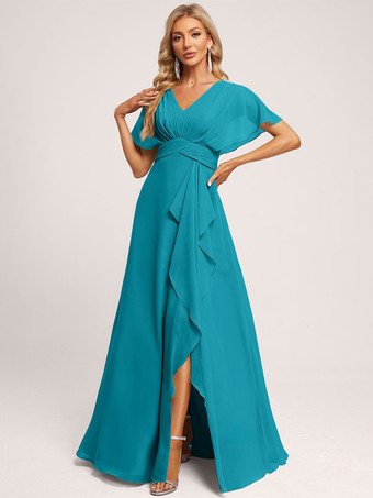 ターコイズグリーンブライズメイドドレス ボールガウン フロアレングス ジッパー シフォン ウェディング パーティードレス