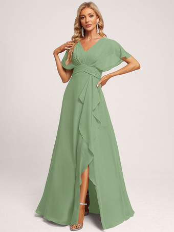 グリーン ブライズメイドドレス ボールガウン フロアレングス ジッパー シフォン ウェディング パーティードレス