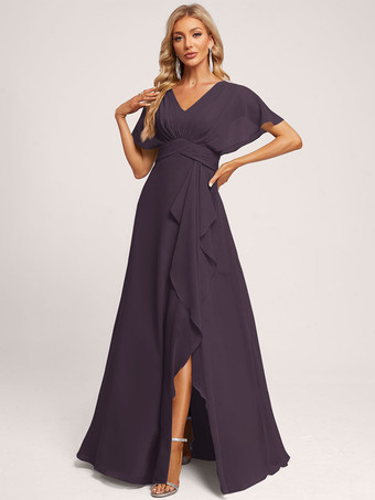 プラムブライズメイドドレス ボールガウン フロアレングス ジッパー シフォン ウェディング パーティードレス