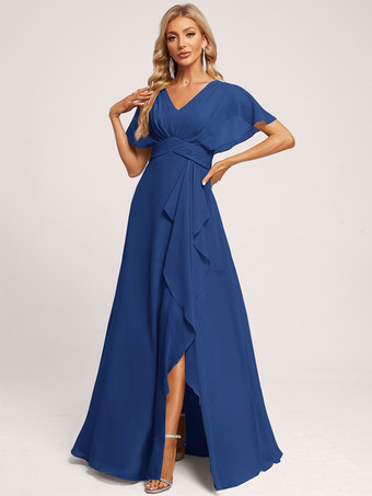 ブルーブライズメイドドレス ボールガウン フロアレングス ジッパー シフォン ウェディング パーティードレス