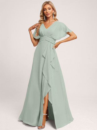 ミントグリーンブライズメイドドレス ボールガウン フロアレングス ジッパー シフォン ウェディング パーティードレス