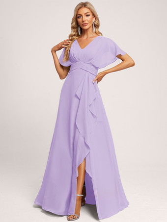 ラベンダーブライズメイドドレス ボールガウン フロアレングス ジッパー シフォン ウェディング パーティードレス