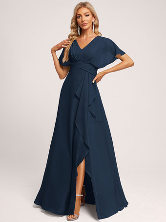 ダークネイビーブライズメイドドレス ボールガウン フロアレングス ジッパー シフォン ウェディング パーティードレス