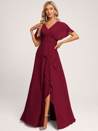 エンバーレッドブライズメイドドレス ボールガウン フロアレングス ジッパー シフォン ウェディング パーティードレス