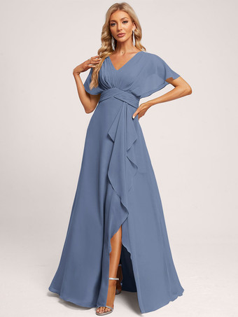 スチールブルーブライズメイドドレス ボールガウン フロアレングス ジッパー シフォン ウェディング パーティードレス