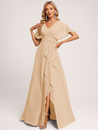 シャンパンブライズメイドドレス ボールガウン フロアレングス ジッパー シフォン ウェディング パーティードレス