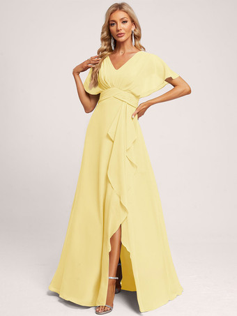 イエローブライズメイドドレス ボールガウン フロアレングス ジッパー シフォン ウェディング パーティードレス