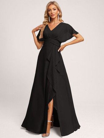 ブラックブライズメイドドレス ボールガウン フロアレングス ジッパー シフォン ウェディング パーティードレス