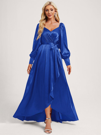 ロイヤルブルーブライズメイドドレス 伸縮性のあるシルクのようなサテンのボールガウン フロアレングスのフォーマルガウン