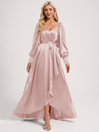 ソフトピンクブライズメイドドレス 伸縮性のあるシルクのようなサテンのボールガウン フロアレングスのフォーマルガウン