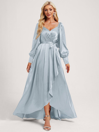 スカイブルー ブライズメイドドレス 伸縮性のあるシルクのようなサテンのボールガウン フロアレングスのフォーマルガウン