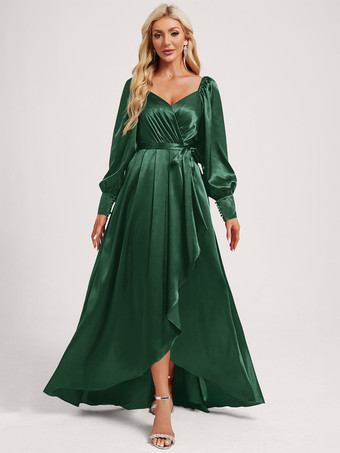 エメラルド ブライズメイドドレス 伸縮性のあるシルクのようなサテンのボールガウン フロアレングスのフォーマルガウン