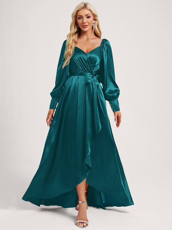 ターコイズグリーンブライズメイドドレス 伸縮性のあるシルクのようなサテンのボールガウン フロアレングスのフォーマルガウン