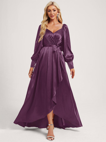 プラムブライズメイドドレス 伸縮性のあるシルクのようなサテンのボールガウン フロアレングスのフォーマルガウン