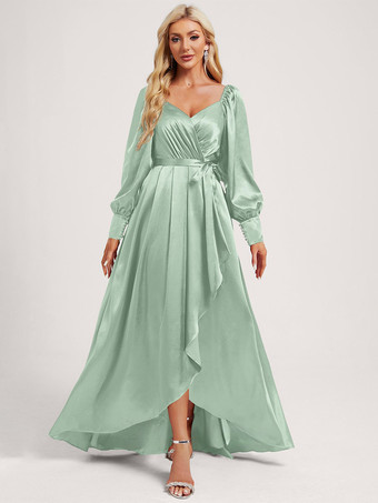 ミントグリーンブライズメイドドレス 伸縮性のあるシルクのようなサテンのボールガウン フロアレングスのフォーマルガウン