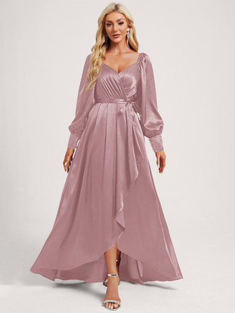 サーモンピンクブライズメイドドレス 伸縮性のあるシルクのようなサテンのボールガウン フロアレングスのフォーマルガウン