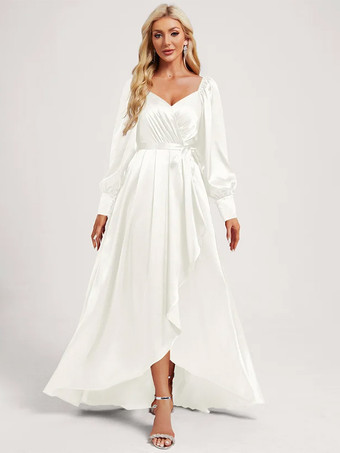 アイボリーブライズメイドドレス 伸縮性のあるシルクのようなサテンのボールガウン フロアレングスのフォーマルガウン