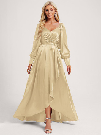 シャンパンブライズメイドドレス 伸縮性のあるシルクのようなサテンのボールガウン フロアレングスのフォーマルガウン