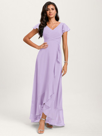 ライラックブライズメイドドレス ボールガウン フロアレングス ジッパー シフォン ウェディング パーティードレス