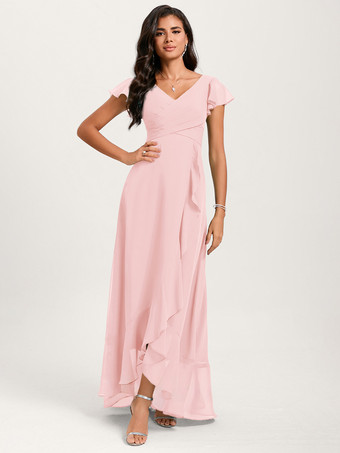 ソフトピンクブライズメイドドレス ボールガウン フロアレングス ジッパー シフォン ウェディング パーティードレス