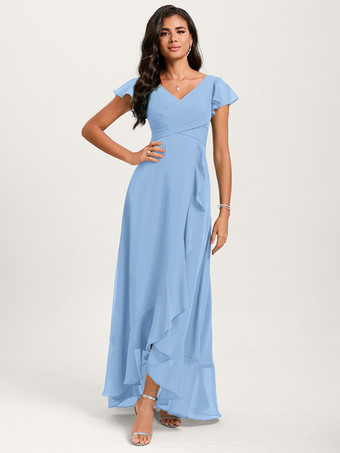 スカイブルー ブライズメイドドレス ボールガウン フロアレングス ジッパー シフォン ウェディング パーティードレス