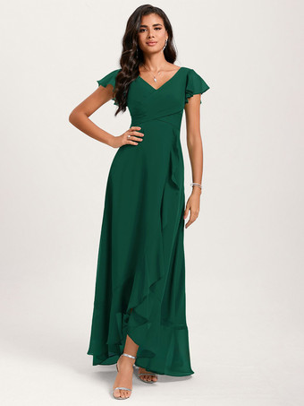 エメラルド ブライズメイドドレス ボールガウン フロアレングス ジッパー シフォン ウェディング パーティードレス