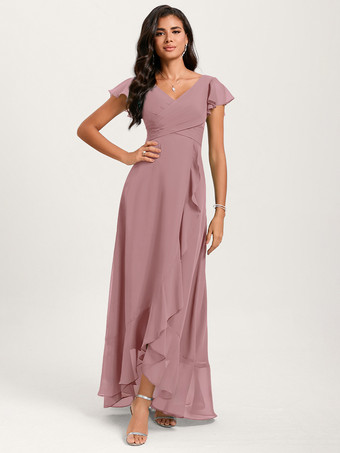 ピンクブライズメイドドレス ボールガウン フロアレングス ジッパー シフォン ウェディング パーティードレス