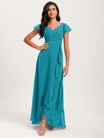 ターコイズグリーンブライズメイドドレス ボールガウン フロアレングス ジッパー シフォン ウェディング パーティードレス