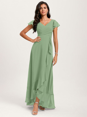 グリーン ブライズメイドドレス ボールガウン フロアレングス ジッパー シフォン ウェディング パーティードレス